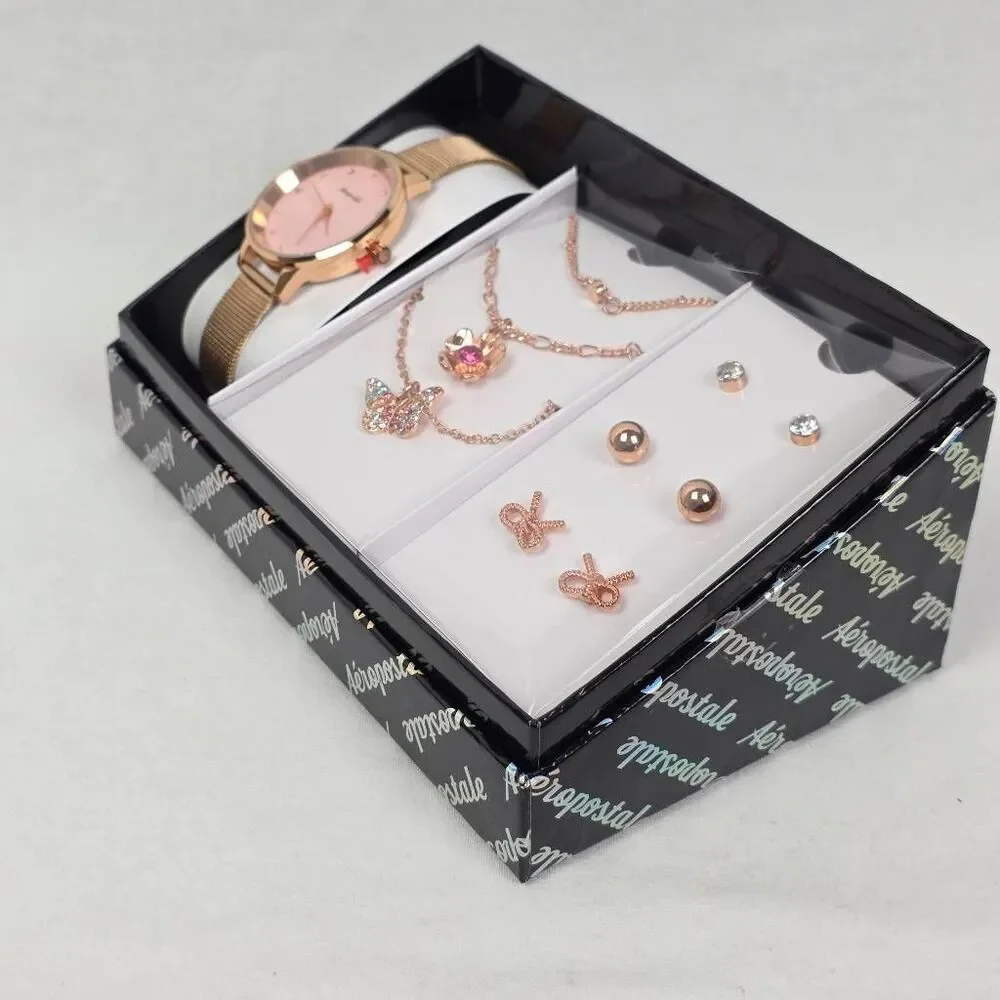 Aeropostale Watch Jewelry Set Necklace Earrings Rose Gold Pink